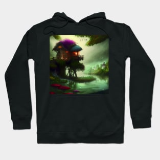 Sparkling Fantasy Cottage with Lights and Glitter Background in Forest, Scenery Nature Hoodie